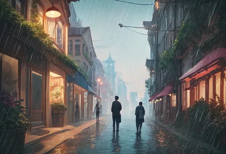 score_9, score_8_up, score_8. score_9, score_8_up, score_7_up, masterpiece, 4k, high quality, (best quality:1.1),anime, beautiful drawing, rainy street, a melancholic nerd looks at the sky with rain mixed with tears and wonders about the future