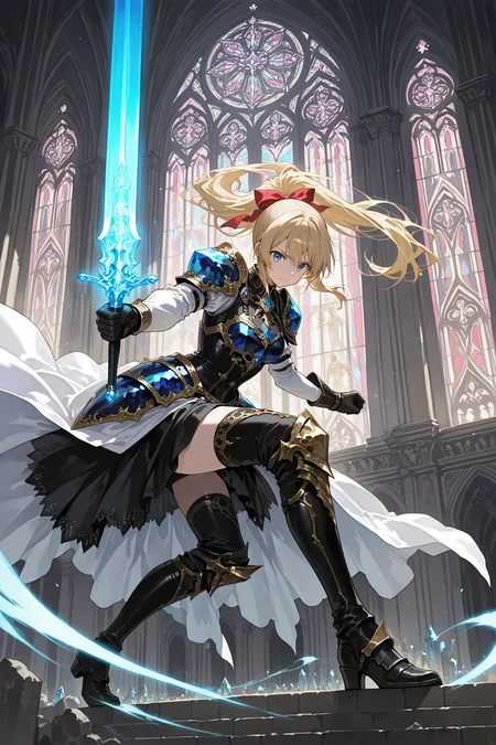 1girl,
(crystal armor:1.2100000000000002), blonde hair, blue eyes, long hair, ponytail, black dress, white sleeves, red ribbon, black gloves, black boots, holding sword, glowing sword, blue glow, gothic architecture, stained glass window, cathedral, dynamic pose, action, hair ribbon, sword, gloves, ribbon, glowing, holding weapon, dress, holding, weapon, indoor, glowing weapon, closed mouth, architecture, solo focus, boots, armor, long sleeves, floating hair,
A young girl with blonde hair, wearing a black and white outfit with gold accents. she is holding a sword in her right hand and appears to be in the middle of a battle. the background shows a cityscape with tall buildings and arches. the sky is blue and there are pink and purple lights shining down on the girl, creating a dramatic atmosphere. the overall mood of the image is intense and powerful.
<lora:hina_MixArmor_x215c:0.7>