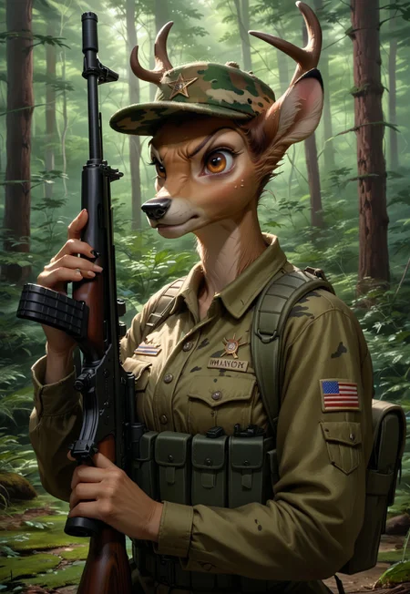 score_9, score_8_up, score_7_up, score_6_up, source_furry, 1girl, solo, anthro deer, bambi, masterpiece, in a forest, wearing green camo hunter clothes, camo hunter hat, upper body, (holding rifle:1.6), angry, hyper realistic,