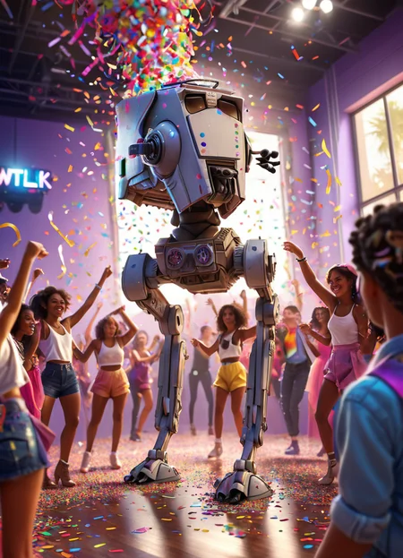 cute atstwlkr at a dance party, confetti, swag, colorful lights,
<lora:AT-ST_-_Scout_Walker_SDXL:0.8> <lora:Cute_3D_Cartoon:0.8>