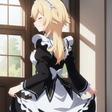 <lora:Frederica:1>,
anime screencap,
1girl, roswaal mansion maid uniform, solo, blonde hair, long hair, maid, closed eyes, skirt hold, cleavage, smile, black ribbon, indoors, hair between eyes, maid headdress, standing, skirt, curtsey, medium breasts, enmaided, white apron, long sleeves,black skirt,from behind,