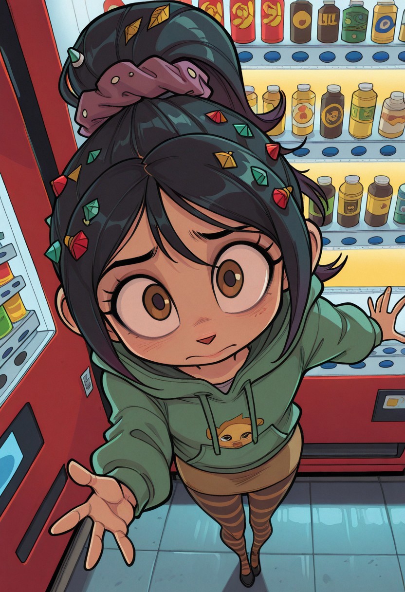 , , masterpiece, best quality,cartoon style, amazing quality, 1girl,, (Vanellope Von schweetz /Disney),green hoodie,anime style, brown mini skirt, stripped pantyhose, cute face,black shoes,from above, 4 fingers, hand reaching out to viewer, petite body,adult:1.1,black hair,  brown eyes, ponytail, hair scrunchie,hair ornaments,University park,standing in front of vending machine, autumn season, comic book style, autumn trees,dynamic angle,, afternoon,volumetric lighting, intricate details,godrays