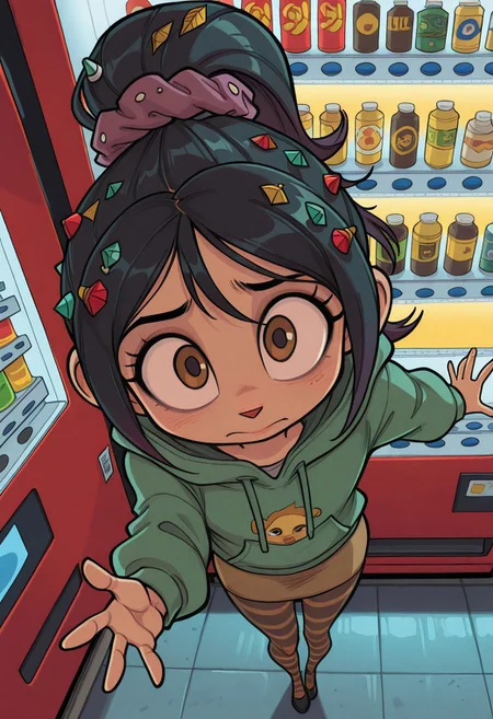 , , masterpiece, best quality,cartoon style, amazing quality, 1girl,, (Vanellope Von schweetz /Disney),green hoodie,anime style, brown mini skirt, stripped pantyhose, cute face,black shoes,from above, 4 fingers, hand reaching out to viewer, petite body,adult:1.1,black hair,  brown eyes, ponytail, hair scrunchie,hair ornaments,University park,standing in front of vending machine, autumn season, comic book style, autumn trees,dynamic angle,, afternoon,volumetric lighting, intricate details,godrays