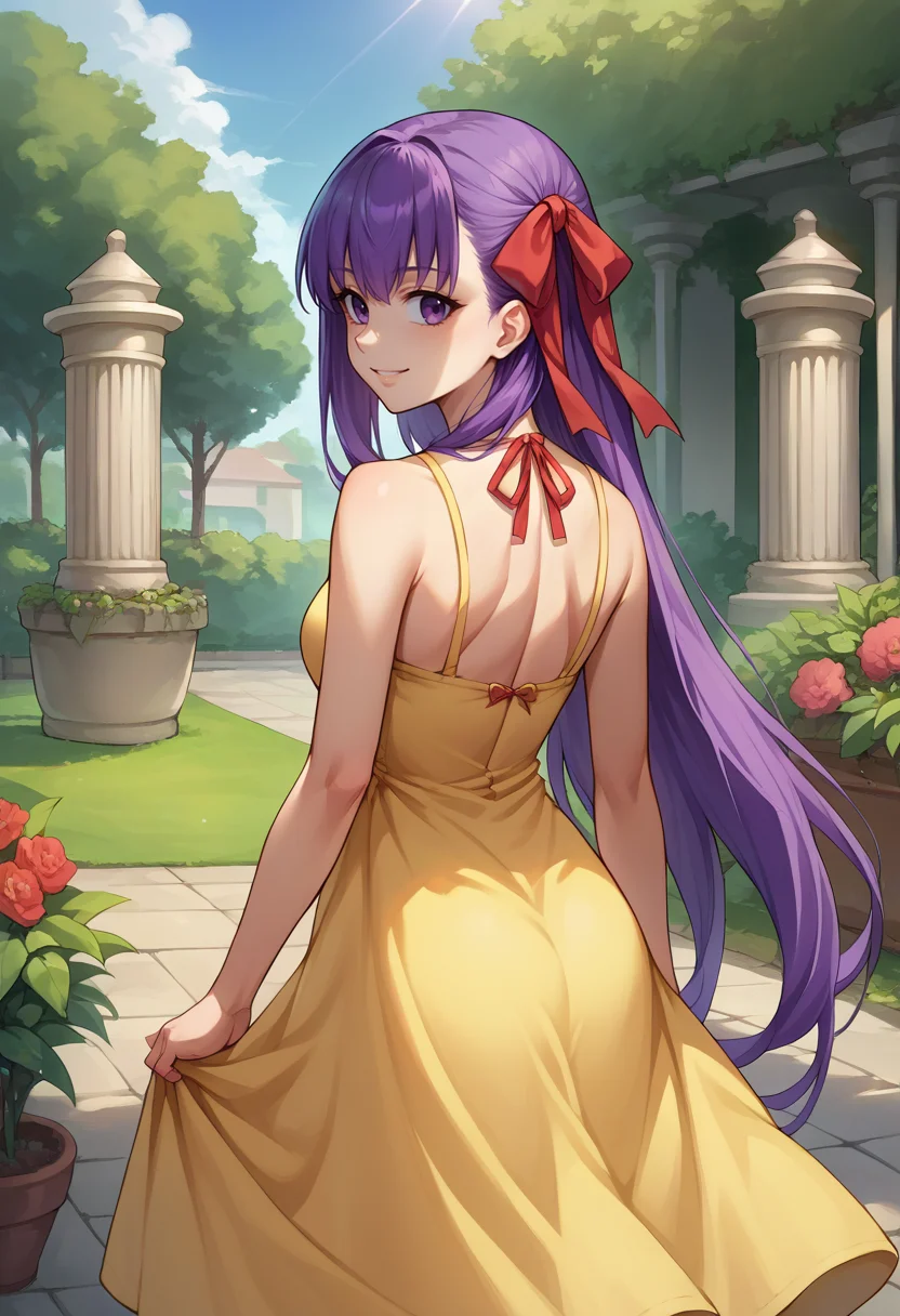 score_9, score_8_up, source_anime, 1girl, solo, BBFate, purple eyes, long hair, purple hair, hair ribbon, red ribbon, from behind, yellow sundress, garden, day, sunshine, smile, looking back, <lora:CHAR-BBFatePonyXL:1>