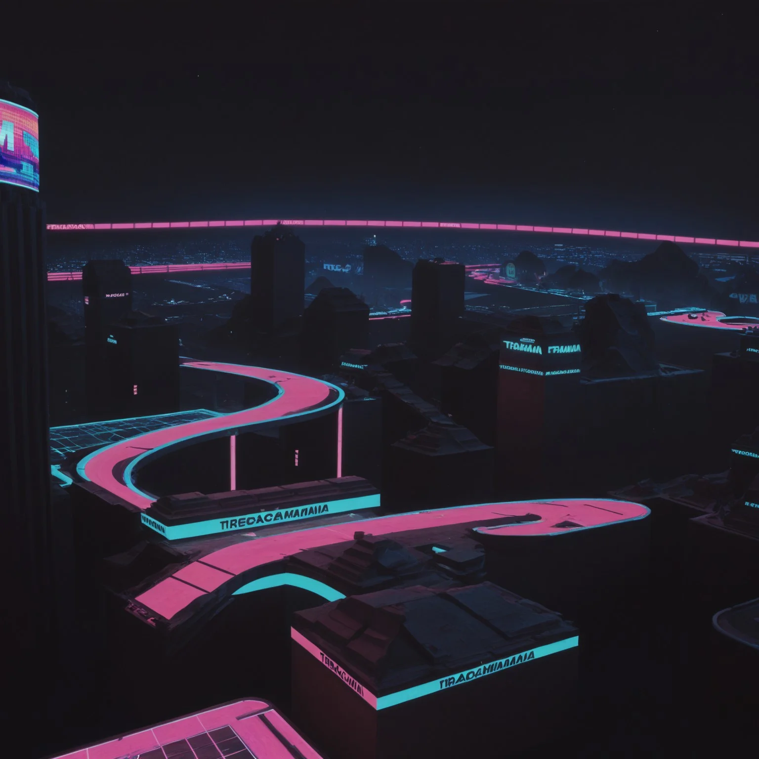 lazyup7, trackmania, scenery, simple background, building, megastructure, isometric, night, neon lights, vaporwave