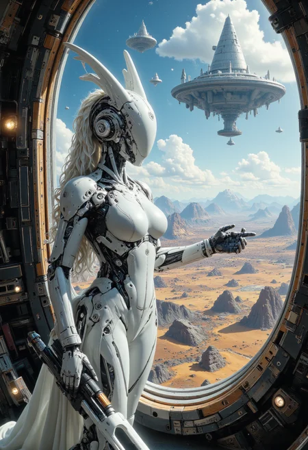 Exotic alien shock trooper, white armored robot, petite frame, armor made of smooth crystal bones, looking out spacecraft window down at another world with an extraterrestrial landscape, unreal steppe, wearing white cloak, long white hair, exotic alien space ships landing in distance, fantasy dream, starry sky with distant large planets, ancient civilization ruins in background, 8k uhd, perfectly balanced, pixar style, abstract multilayer texture, by Jeremy Mann, striking elegant aesthetic ship design, soogsx, cyborg legs, cyborg flat breast, holding futuristic pulse rifle,    <lora:FLUX - DreamArt Style:0.5> <lora:FLUX - Image Upgrader - Detail Maximizer:0.5> <lora:FLUX - ROBOT-V3:0.7> <lora:FLUX  - Meets Midjourney V6.1:0.5> <lora:FLUX - Armat_M41A_Pulse_Rifle_-_Aliens:1.0>