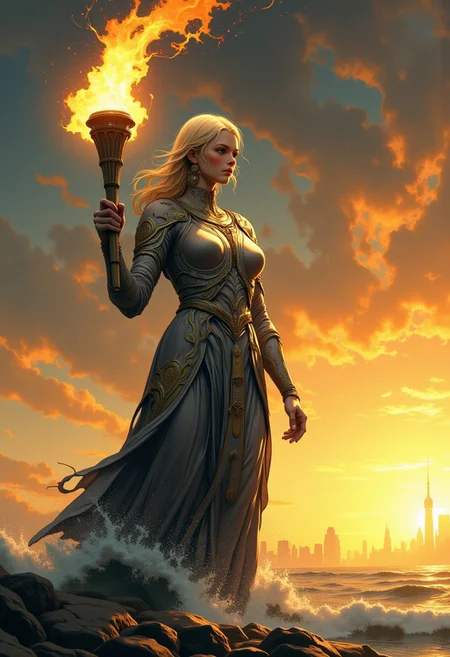 Not like the brazen giant of Greek fame,
With conquering limbs astride from land to land;
Here at our sea-washed, sunset gates shall stand
A mighty woman with a torch, whose flame
Is the imprisoned lightning, and her name
Mother of Exiles. From her beacon-hand
Glows world-wide welcome; her mild eyes command
The air-bridged harbor that twin cities frame.
“Keep, ancient lands, your storied pomp!” cries she
With silent lips. “Give me your tired, your poor,
Your huddled masses yearning to breathe free,
The wretched refuse of your teeming shore.
Send these, the homeless, tempest-tossed to me,
I lift my lamp beside the golden door!”