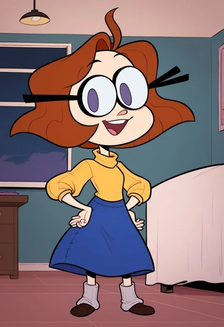 score_8, score_8_up, score_7_up, 1girl, female focus, solo, Ollie_OaS, light skin, black frame glasses, purple eyes, small nose, brown hair, short hair, yellow turtleneck, blue skirt, grey socks, brown shoes, full body, smile, standing, indoors, bed, bedroom, nightstand, lamp, window, looking at the viewer, happy, hands on hips