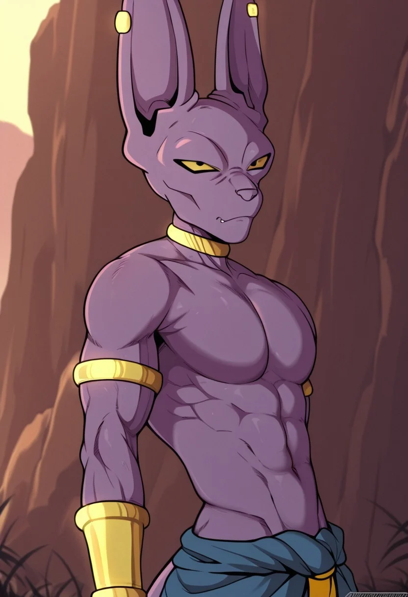 best quality, newest, absurdres, highres, 1boy, solo,Anthro,Beerus,yellow scera,black pupil,purple skin,animal ears,jewelry,Muscular male,outdoors