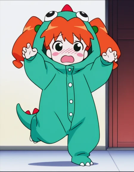 (masterpiece:1.4), (best quality:1.4), very aesthetic,illustration, newest,best quality, amazing quality, very aesthetic, absurdres, 
1 girl,karin_jyunmai,
,twintails, orange hair,female child
,anime screenshot,official art ,retro artstyle
 <lora:karin_jyunmai_v4:1>
shy,dino Mascot costume,nose blush,arms up,one leg standing,open mouth,blush stickers
full body,claw pose