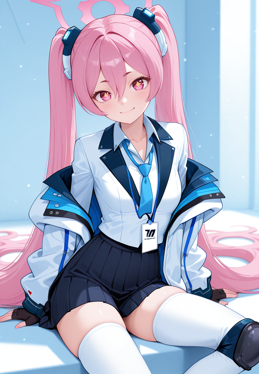 zPDXL3, score_9_up, score_8_up, score_7_up, ,Masterpiece,(perfect female body:1.2), small waist, (incredibly detailed:1.4), beautiful fingers, small breasts,  looking at viewer,  <lora:Kurosaki_Koyuki_-_Blue_Archive_Kaleid_Illustrious:1> kurosakikoyuki_\(arknights\), 1girl, pink hair, very long hair, twintails, pink eyes, sparkling eyes, halo, thighhighs, white thighhighs, white jacket, pleated skirt, shirt, open jacket, necktie, gloves, blazer, aqua necktie, knee pads, id card, collared shirt, sitting