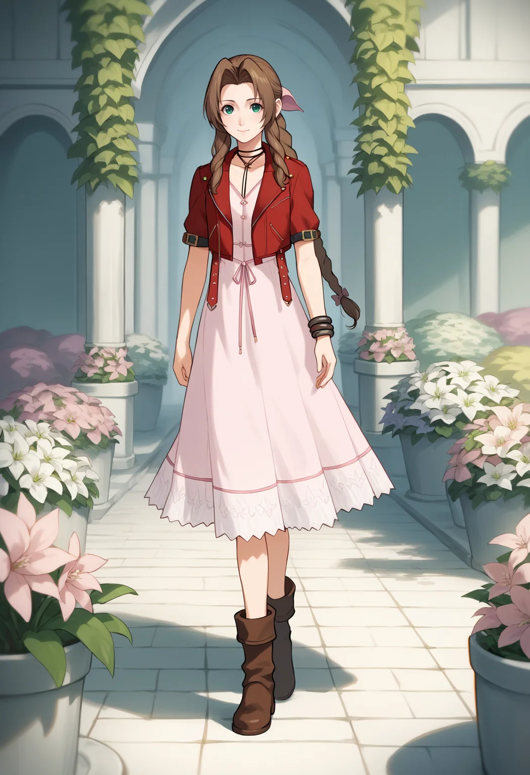 score_9, score_8_up, source_anime,
1girl, aerith gainsborough, brown hair, sidelocks, braided ponytail, long hair, green eyes, hair ribbon,
bolero jacket, cropped jacket, bow, choker, long pink dress, pink bow, boots,
walking in a garden, flowers, looking at viewer, light smile, white hem <lora:AerithXL_byKonan:1>