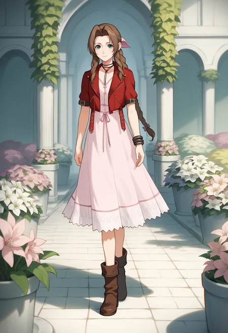 score_9, score_8_up, source_anime,
1girl, aerith gainsborough, brown hair, sidelocks, braided ponytail, long hair, green eyes, hair ribbon,
bolero jacket, cropped jacket, bow, choker, long pink dress, pink bow, boots,
walking in a garden, flowers, looking at viewer, light smile, white hem <lora:AerithXL_byKonan:1>