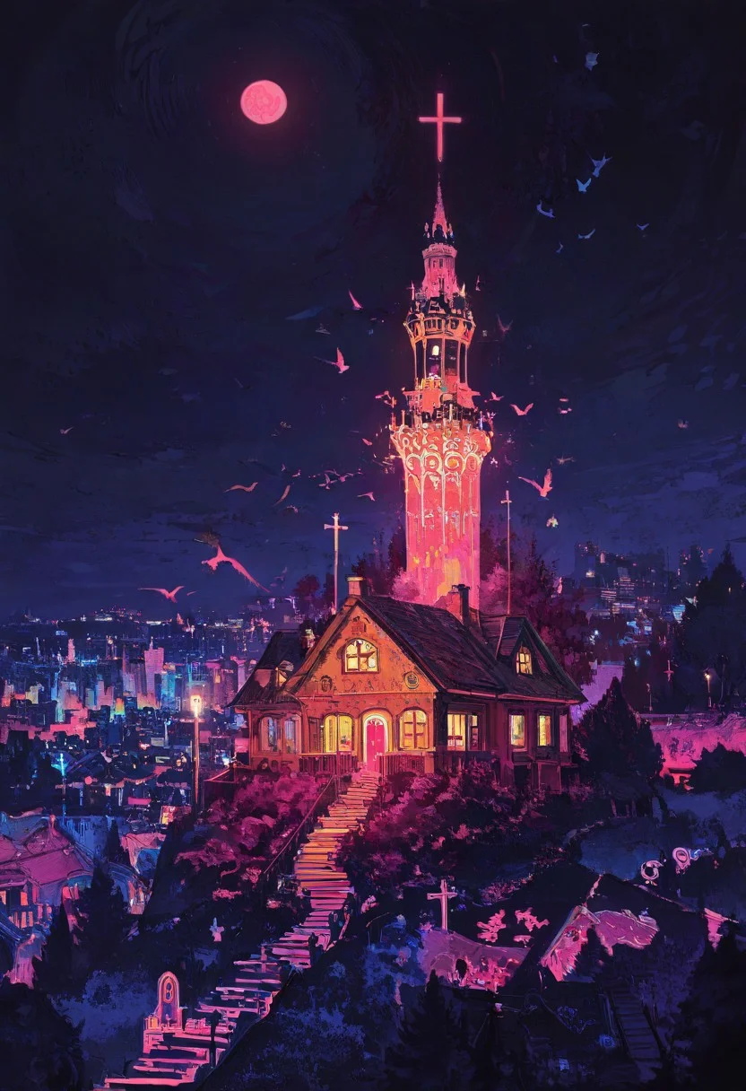 masterpiece, best quality, good quality, very awa, newest, highres, absurdres, outdoors, sky, tree, no humans, window, night, bird, moon, cross, building, night sky, scenery, stairs, city, cityscape, house, lamppost, tower, lights, town, chimney, limited palette, sketch, glowing, psychedelic, <lora:illustriousXL_stabilizer_v1.23> <lora:NOOB_vp1_detailer_by_volnovik_v1> <lora:ponyv6_noobE11_2_adamW-000017> <lorav4df2fsdf5> <lora:mon_monmon2133>