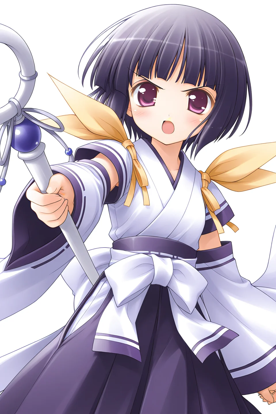 masterpiece, best quality, absurdres, official art, official style, general BREAK <lora:arisakashiina_IL_v1-2:0.7>, arisaka shiina, 1girl, solo, purple eyes, black hair, purple hair, short hair, bob cut, blunt bangs, flat chest BREAK japanese clothes, white dress, short sleeves, blue line, detached sleeves, wide sleeves, sleeves past wrists, yellow ribbon, shoulder ribbon, white sash, blue hakama, white bow, back bow, hakama skirt, blush, open mouth, looking at viewer, staff, holding staff, outstretched hand, outstretched arm, serious, angly, v-shaped eyebrows, dutch angle