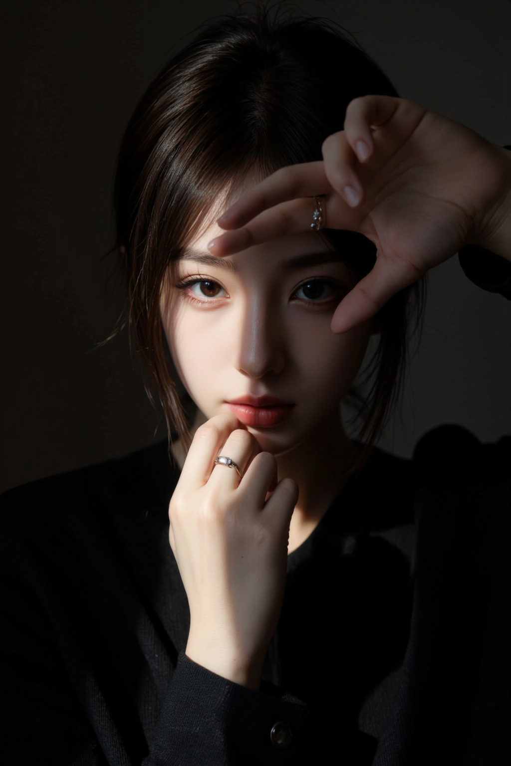 A portrait of a girl with short,dark hair,partially illuminated by a narrow beam of light,wearing a black outfit,hand covers part of the face,showcasing minimalistic rings on fingers,makeup is subtle with attention on eyes and lips,expression appears contemplative,shadows enhance the dramatic effect,composition is intimate,color scheme relies on dark tones and highlights,the close-up angle emphasizes emotional depth,scene gives an artistic and moody vibe,<lora:kl:1.5>,