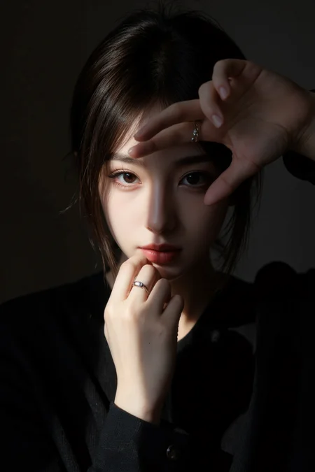 A portrait of a girl with short,dark hair,partially illuminated by a narrow beam of light,wearing a black outfit,hand covers part of the face,showcasing minimalistic rings on fingers,makeup is subtle with attention on eyes and lips,expression appears contemplative,shadows enhance the dramatic effect,composition is intimate,color scheme relies on dark tones and highlights,the close-up angle emphasizes emotional depth,scene gives an artistic and moody vibe,<lora:kl:1.5>,
