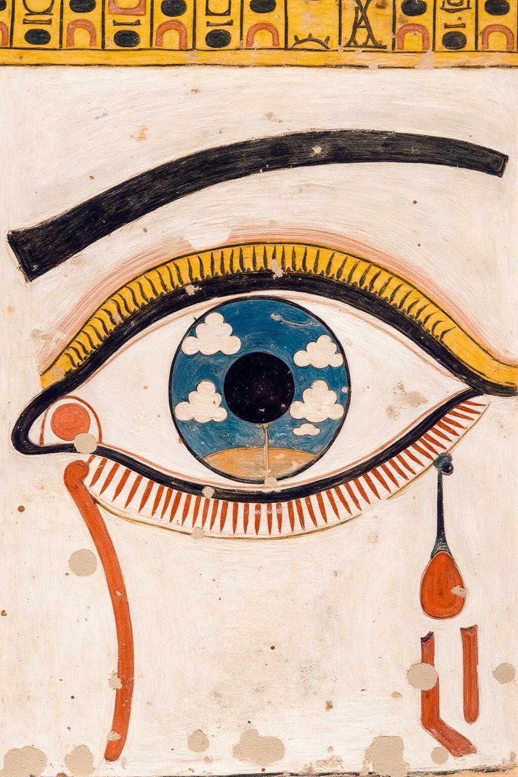 egyptian painting.
A eye with the iris and pupil prominently displayed. The iris is transparent, with a blue sky with white clouds visible inside it. The pupil is a solid black circle.  <lora:egypt1_cap_d6a3:1.0><lora:829967117014037417:0>