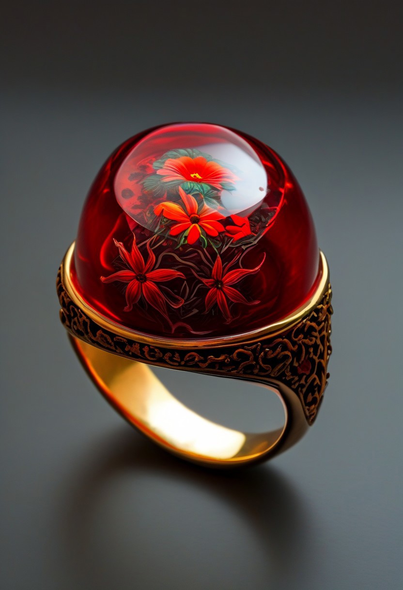 End_JewelryMorph, a ring with a red flower inside a red glass dome