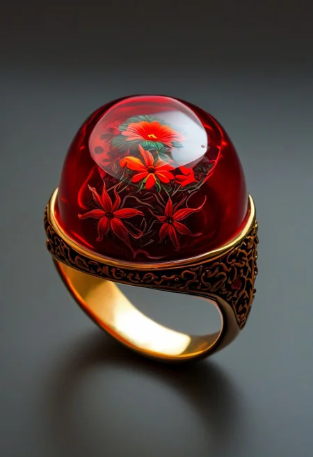 End_JewelryMorph, a ring with a red flower inside a red glass dome