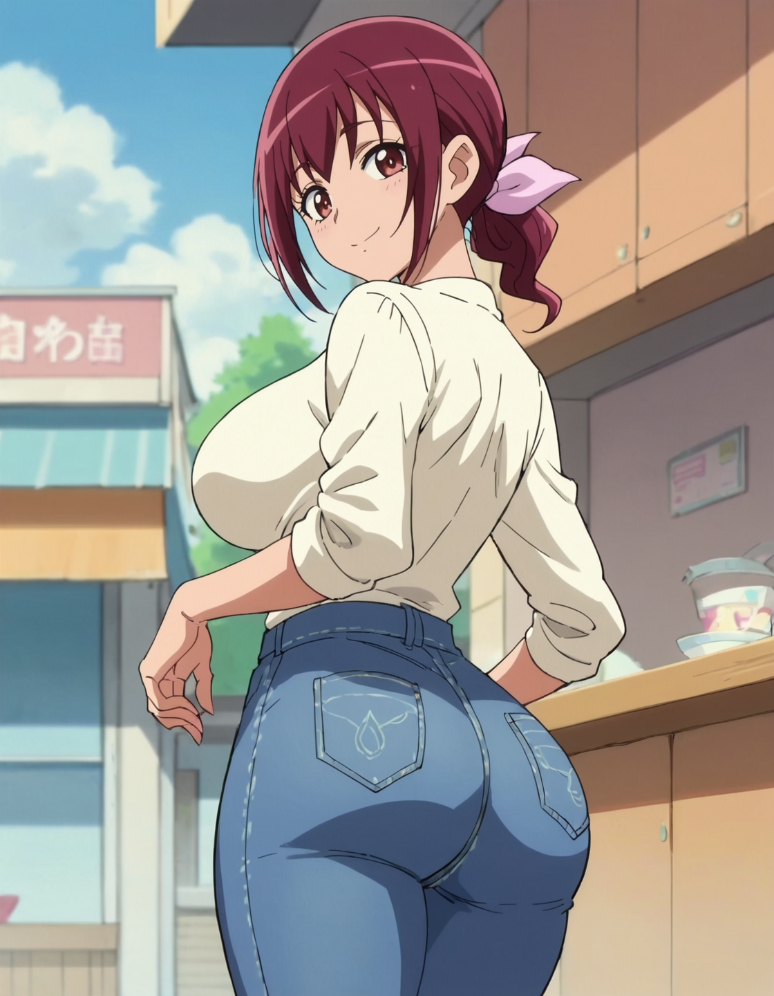 score_9, score_8_up, score_7_up, anime screencap, solo,1girl,hoshizoraikuyo, skirt,long denim pants,hair ribbon, white shirt,looking at viewer,smile, large breasts,from behind,huge ass<lora:hoshizoraikuyo_pony:0.8>