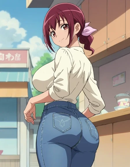 score_9, score_8_up, score_7_up, anime screencap, solo,1girl,hoshizoraikuyo, skirt,long denim pants,hair ribbon, white shirt,looking at viewer,smile, large breasts,from behind,huge ass<lora:hoshizoraikuyo_pony:0.8>