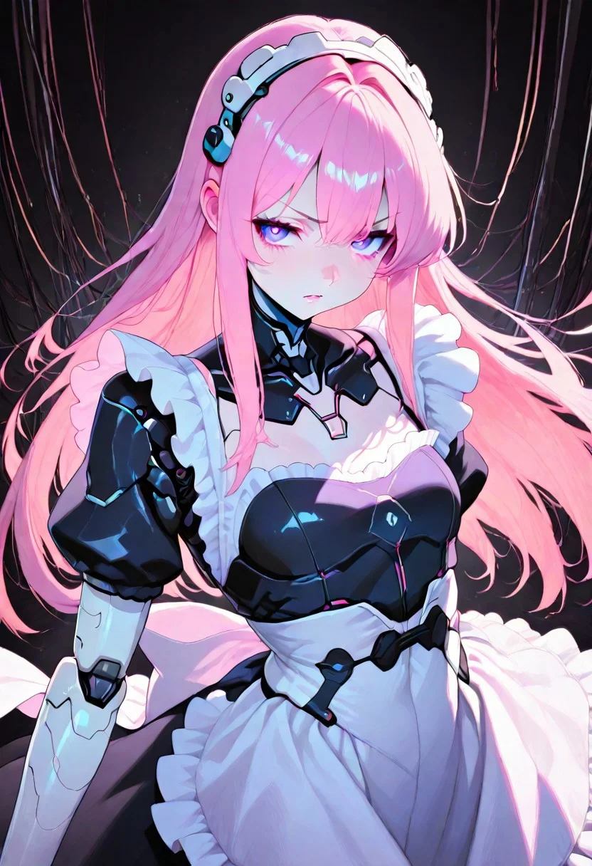 lazypos, rating_safe, wat,
In a dimly lit, cyberpunk backdrop, a dynamic shot of CivChan, a tsundere cyborg maid, fully covered in black and white bio-mechanical armor, with intricate joints visible. Her long pink hair cascades down her back, framing her seductive pose. Her purple LED eyes gleam in the dim lighting, as cables and wires are intricately detailed across her mechanical body. A dynamic flow of power lines and tubes wraps around her maid dress, accentuating her feminine android form.
Tsundere, CivChan, purple eyes, pink hair, cyborg, joints, mecha, intricate, black and white body, Maid dress, seductive, dynamic pose, long hair, cables, detailed wires and cables, bio-mechanical, completely covered, 1girl, android, led eyes