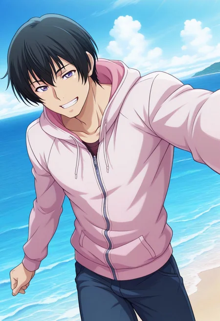 ((masterpiece)), ((best quality)), ((ultra-detailed)), ((absurdres)), score_9_up, score_8_up, score_7_up,
HD, top quality, best quality, amazing quality, High-quality illustrations, anime screencap, source_anime, best aesthetic, perfect proportions, perfect eyes, 1boy, 1male, solo boy, solo male, male focus, solo male focus, Anime, boy, male anime character, anime boy, handsome, cute, charming, sexy, good-looking, ((looking at viewer, facing front, front view)), ((toned body, lean body)), ((tall body, tall height)), ((mature male, mature appearance, mature body)), Iori Kitahara, black hair, purple eyes, pink hoodie jacket, closed zipped jacket, long sleeves, blue pants, ((smile, showing teeth)), ((seashore, ocean, blue sky))