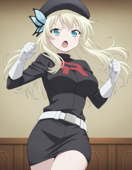 masterpiece, best quality, amazing quality,, <lora:sena-kashiwazaki-s2-illustriousxl-lora-nochekaiser:1>, sena kashiwazaki, long hair, blonde hair, hair ornament, aqua eyes, butterfly hair ornament, mature female, breasts, anime screencap, <lora:team-rocket-uniform-illustriousxl-lora-nochekaiser:1>, team rocket uniform, black hat, black shirt, black skirt, white belt, white gloves, single letter,, <lora:dynamic-pose-illustriousxl-lora-nochekaiser:1>, dynamic pose, jumping, cowboy shot, serious, open mouth, , ,