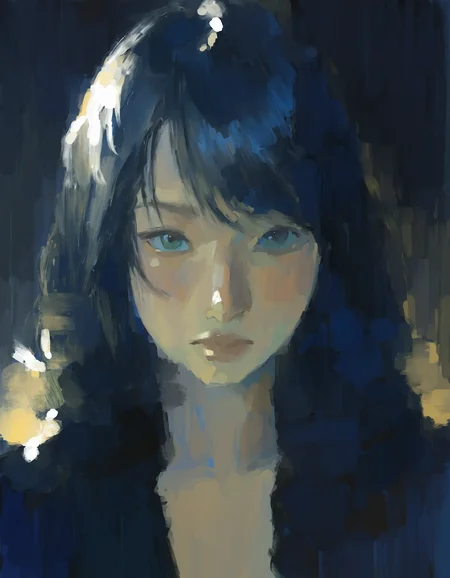 1girl,looking at viewer, 
masterpiece, painterly, traditional media, realistic,  (dark:1.3), dim lighting,  <lora:why:1>