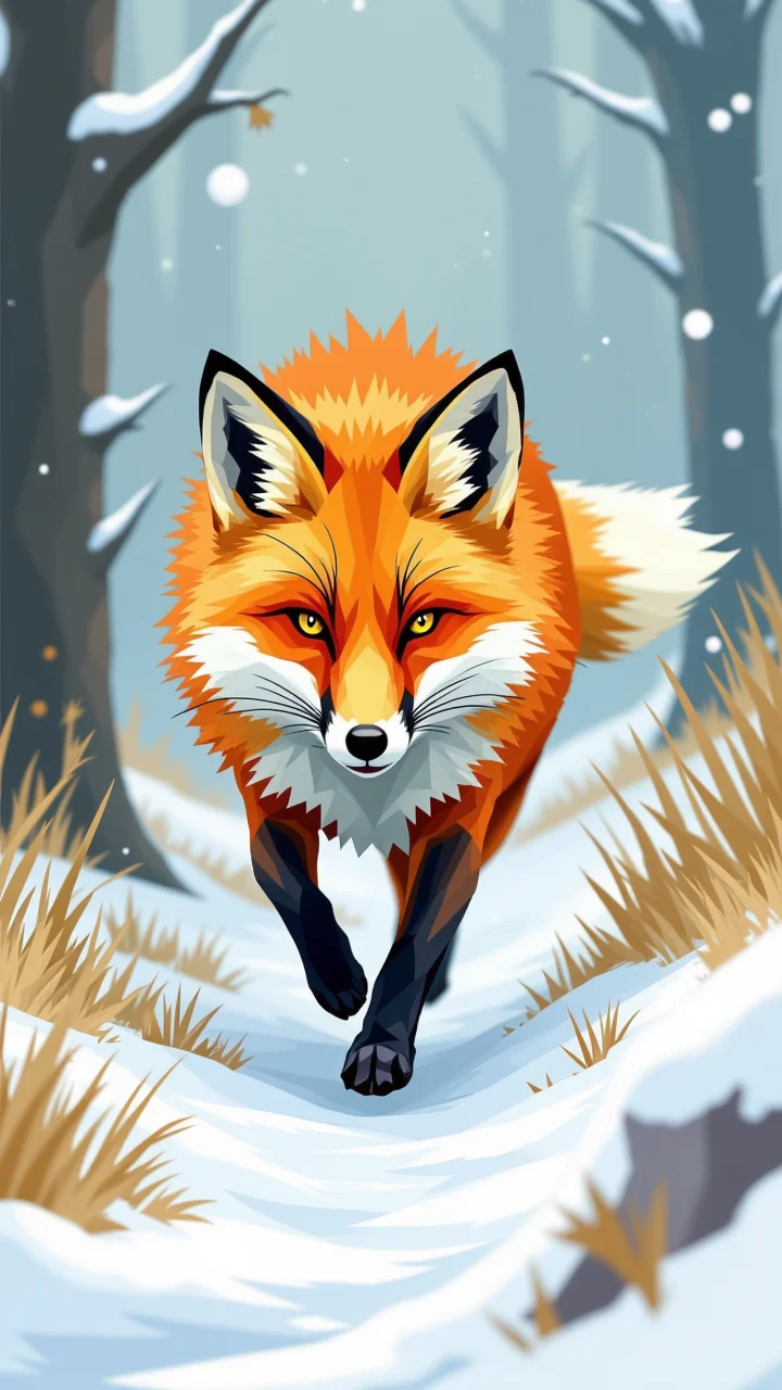 in the style of jedffd, An enchanted fox sprinting across a snowy meadow, portrayed in a low-poly geometric art style combined with thick impasto oil paint textures, sharp angular shapes layered with heavy textured brushwork, vivid and energetic, <lora:Dreamfract-000007:1>