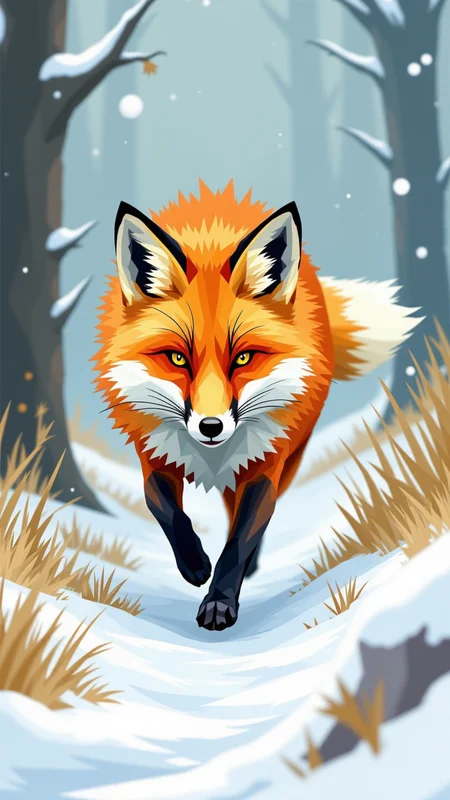 in the style of jedffd, An enchanted fox sprinting across a snowy meadow, portrayed in a low-poly geometric art style combined with thick impasto oil paint textures, sharp angular shapes layered with heavy textured brushwork, vivid and energetic, <lora:Dreamfract-000007:1>