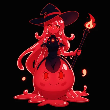 1girl, slime girl, full body, witch hat, long hair, red eyes, no humans, closed mouth, firey hair, glowing eyes, simple background, black background, glowing, dress, flame, looking at viewer, smile