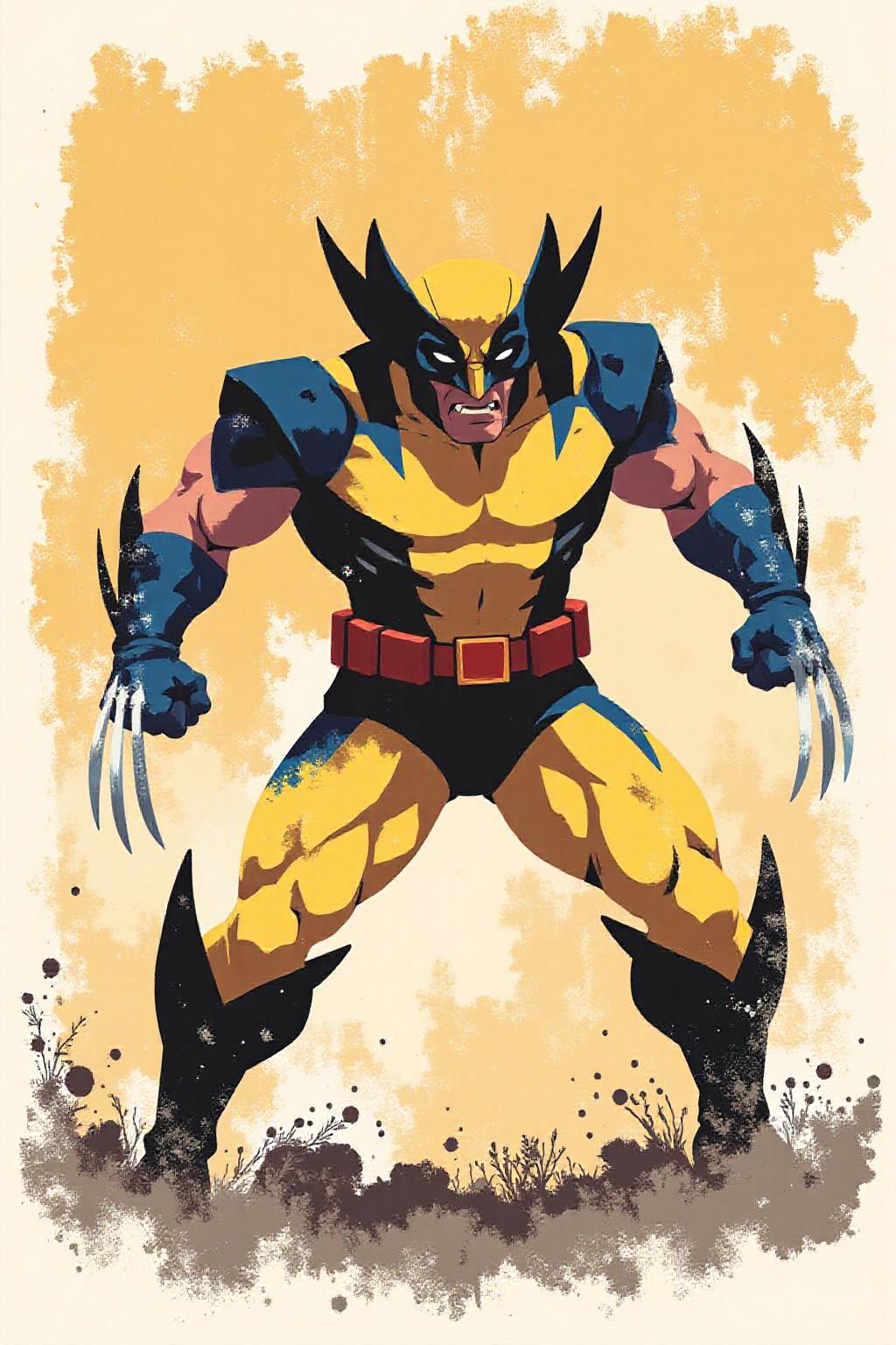 i11ustmin Illustration. Wolverine punching with his claws  <lora:minimalist_flat_nocap_nbm:1.0> <lora:Flux-Sch-SingleBlocks-BF16:1.0><lora:797951898213702123:0>