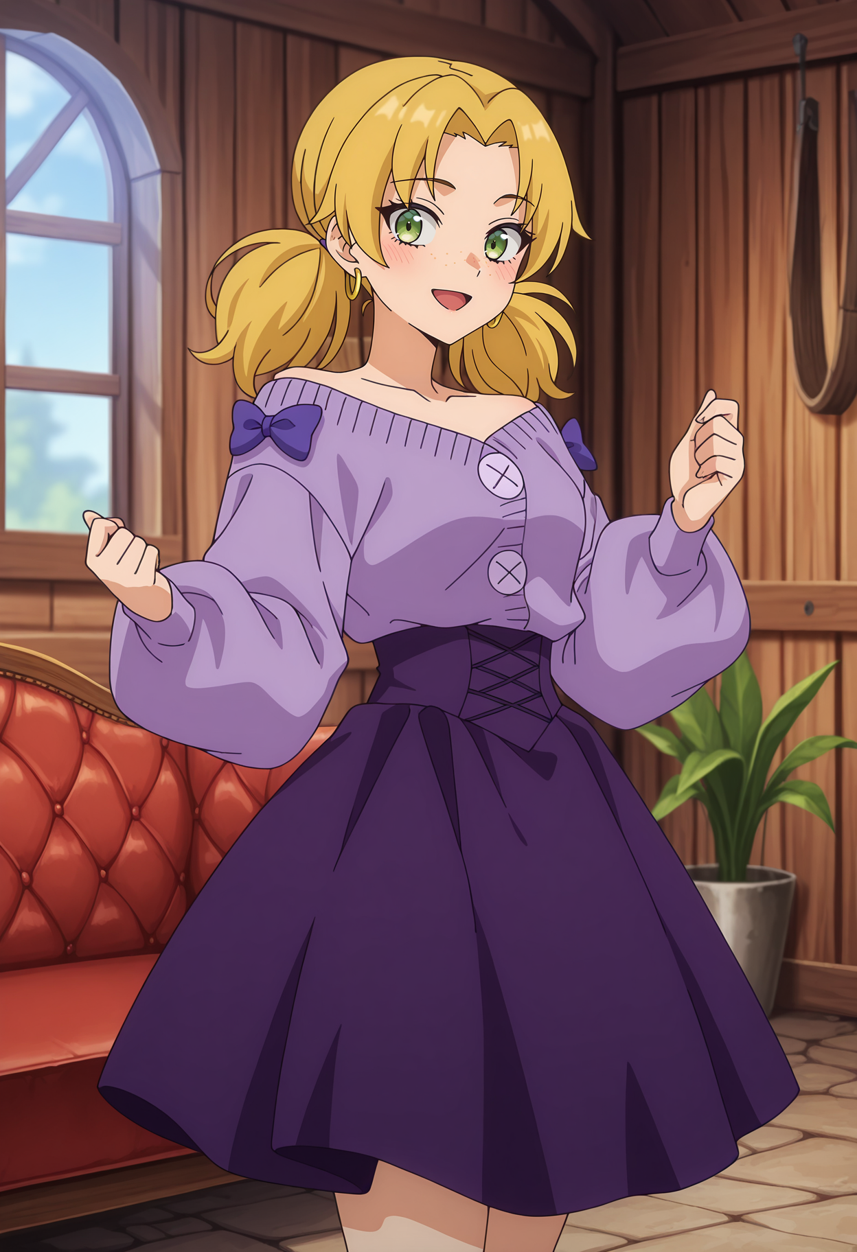 anime screencap, masterpiece, best quality,
<lora:ARankParty(Aparida)_OsenJamie_IlluXL:0.9>,
1girl, solo, open mouth, smile, blush,
low twintails, parted bangs, blonde hair, green eyes, freckles, hoop earrings, hair ribbon, purple ribbon,
off-shoulder sweater, light purple sweater, puffy long sleeves, sleeve bow, purple bow, high-waist skirt, dark purple skirt, 
standing, looking at viewer, cowboy shot,
indoors, wooden wall, medieval, window, plant, couch, blurry background