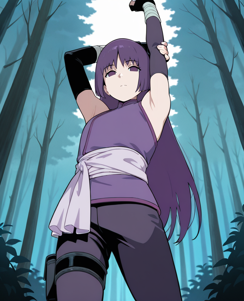 masterpiece, best quality, amazing quality, very aesthetic, absurdres, scenery, forest, <lora:Sumire_Boruto_ILLUS-000010:1> , sm1, shirt, 1girl, long hair, bangs, elbow gloves, purple eyes, purple hair, no pupils, fingerless gloves, bandaged arm, jacket around waist, pants, thigh strap,  looking at viewer, portrait, cowboy shot, from below, arms up, arm grab, stretching, expressionless,