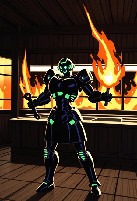 score_9,rating_safe,source_anime,mydaz,a burning robot holding a wrench in a server room that is on fire,solo,no humans,robot,indoors