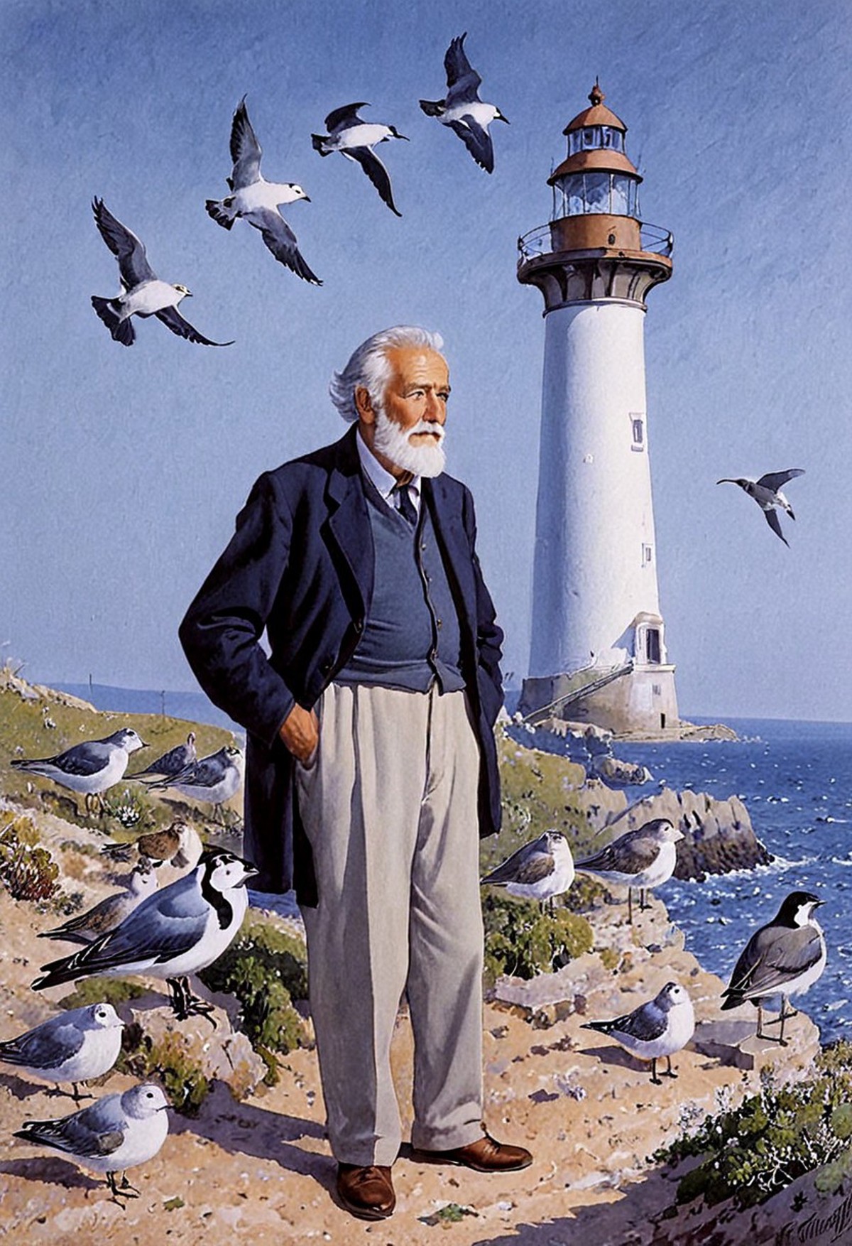 old man near the lighthouse, sentimental, by charles tunicliffe, painting, nature, birds