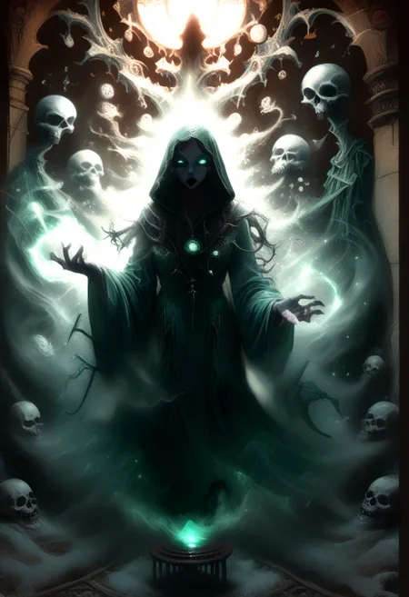 Trippy , lsd- art, The figure of Death is dressed in a black traditional uniform hooded cloak and holds a large staff. She sits on a large clock similar to the dial of an antique wall clock, which shows 12 o'clock. There are many other clocks around. The figure of Death is depicted in a dark and sinister way, creating an atmosphere of mystery and the inevitability of time. The clock is suspended vertically, and the pendulum swings downward, creating a sense of movement and the passage of time. The overall style of the image is simplicity and contrast, using an emerald-ochre palette to emphasize the drama of the scene. trippy