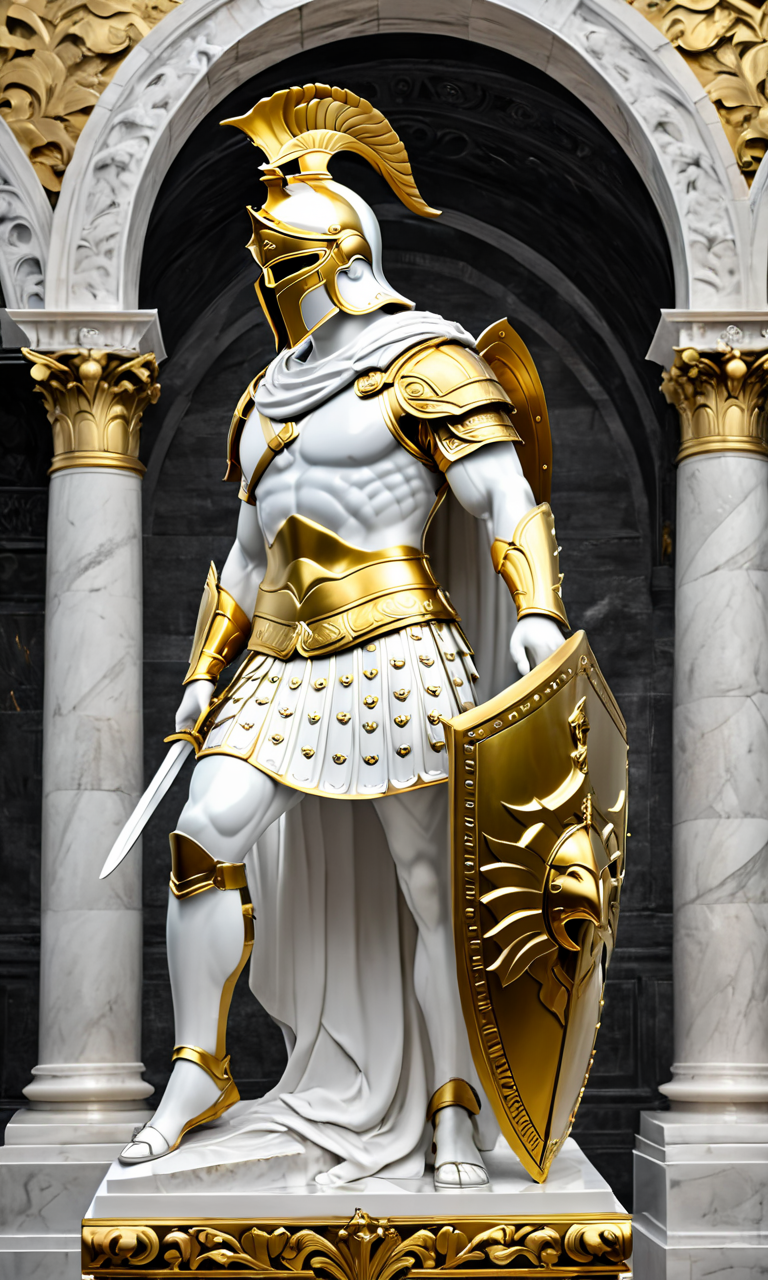a statue of a man in armor, best quality, masterpiece,  <lora:cstatuesdxl:0.8>, cstatuesdxl, white and gold,hood, carrying a sword