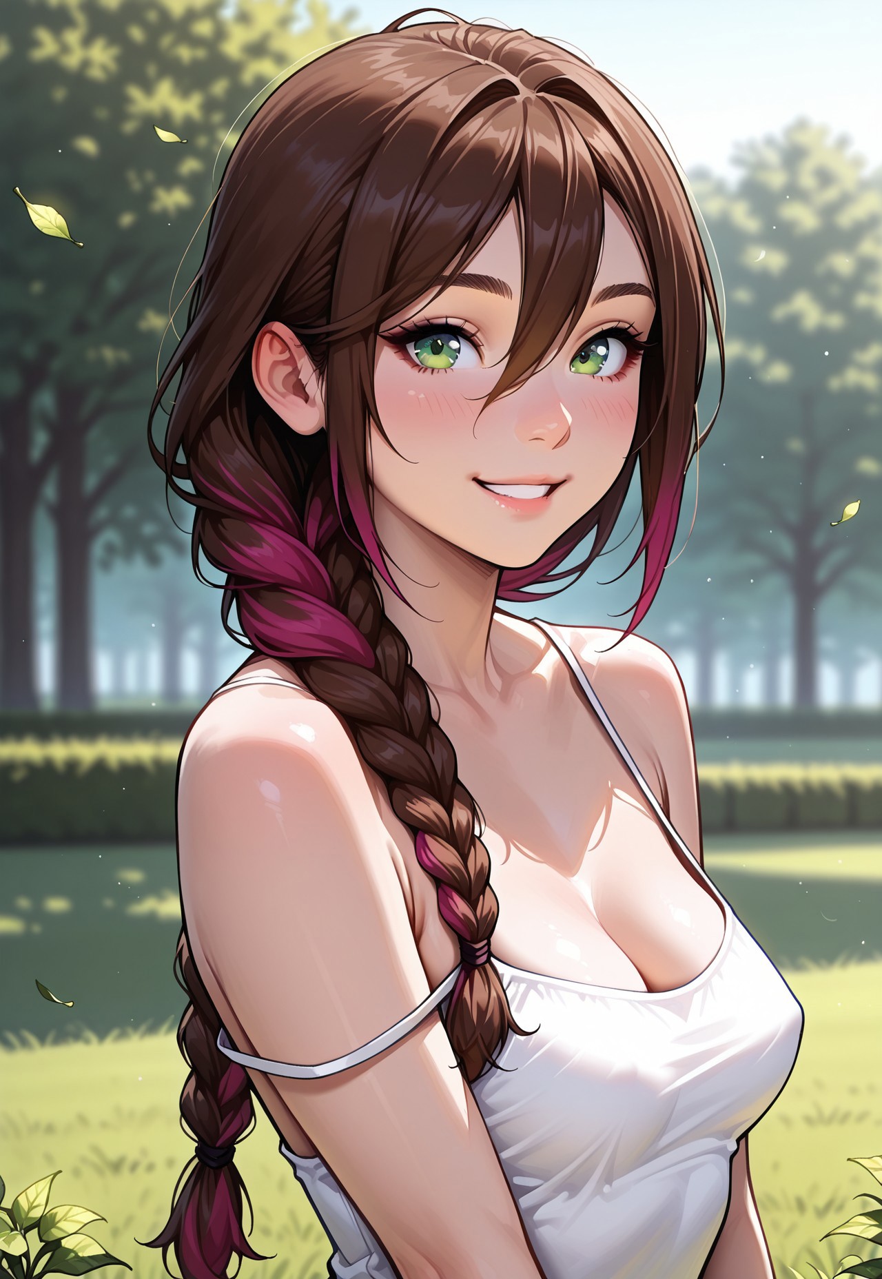 masterpiece, high_quality, highres, gradient, ultra-realistic, 32k, best quality, highly detailed, anime_source, lineless:1.2
BREAK
((1girl), 19 yo, supermodel, Anna_Rice, long braid, brown hair, perfect hairstyle, green eyes, 1colored strand of hair, hair between eyes, detailed face, medium small breasts, natural saggy breasts),((kind smile)),white camisole, sexy, cleavage, shoulder slip,
BREAK
Park, grass, cinematic lighting,  detailed, blurred background, dynamic pose, ((three quarter portrait)),  depth of field, green plants, leafs, ((close up shot))