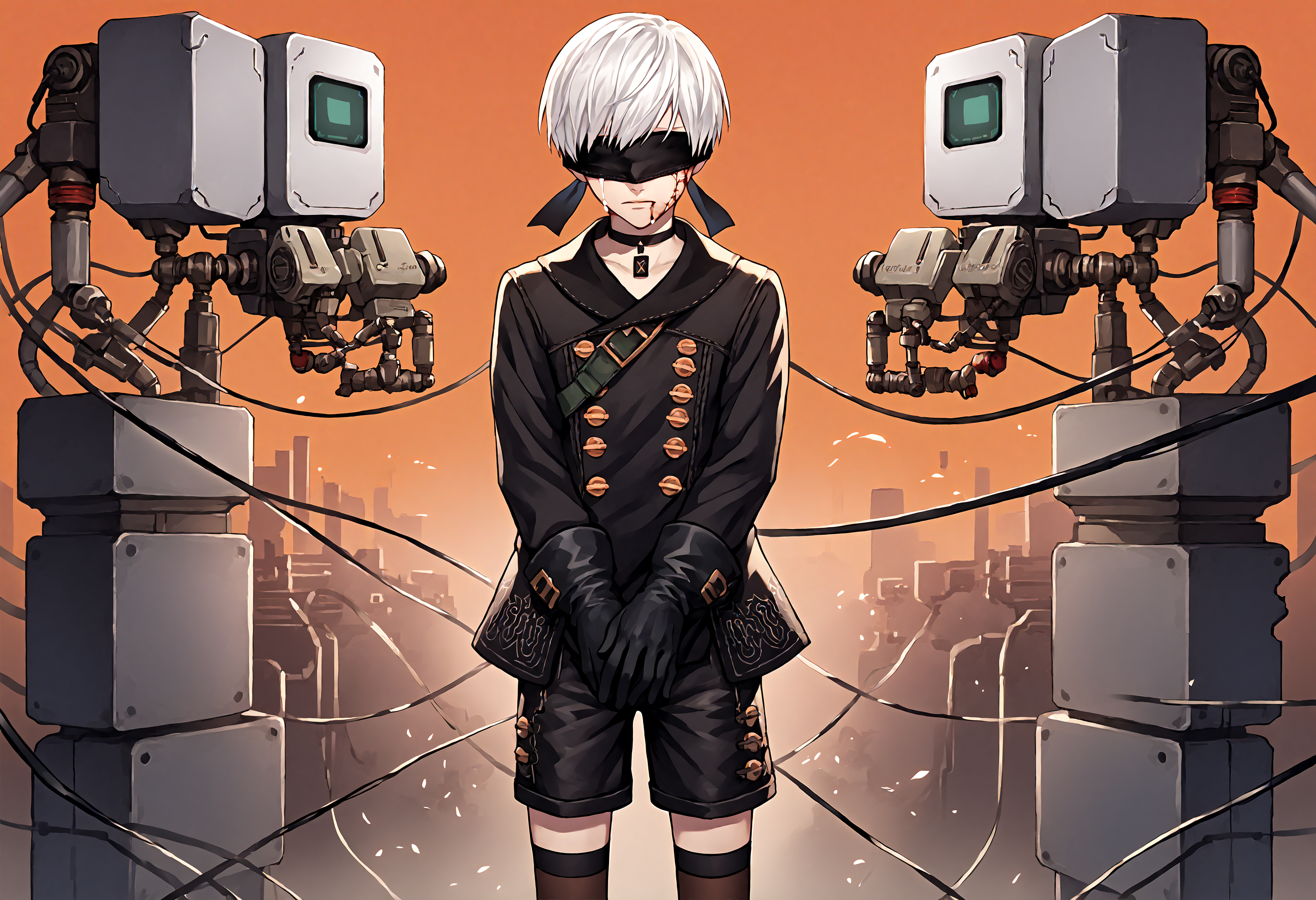 cybernetic robot score_9, score_7_up, source_anime, uncensored, cowboy shot, head tilt, downpants, orange background, (bleeding wound:1.25), hands between legs, crying with joy, music video, Nian (mythology), arena
<lora:NierAutomata_9S_v1.0:1> 9S, 9s (nier:automata), 1boy, solo, gloves, shorts, black gloves, white hair, black blindfold, black choker, short hair, kneehighs, long sleeves, black jacket, double-breasted, jacket, buttons
. android, AI, machine, metal, wires, tech, futuristic, highly detailed