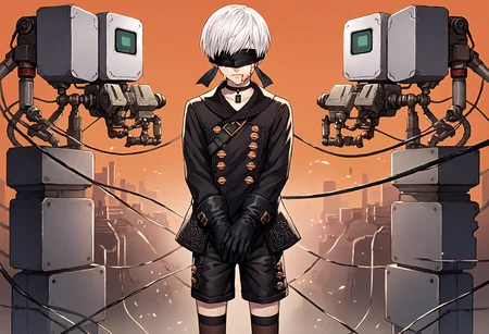 cybernetic robot score_9, score_7_up, source_anime, uncensored, cowboy shot, head tilt, downpants, orange background, (bleeding wound:1.25), hands between legs, crying with joy, music video, Nian (mythology), arena
<lora:NierAutomata_9S_v1.0:1> 9S, 9s (nier:automata), 1boy, solo, gloves, shorts, black gloves, white hair, black blindfold, black choker, short hair, kneehighs, long sleeves, black jacket, double-breasted, jacket, buttons
. android, AI, machine, metal, wires, tech, futuristic, highly detailed