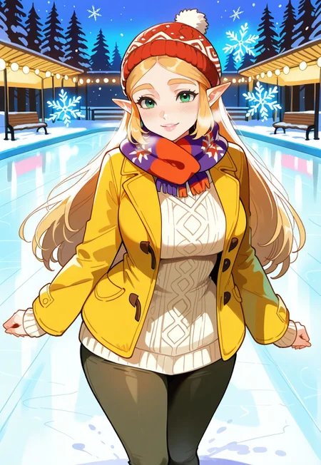 safe_pos, score_9, score_8_up, score_7_up, score_6_up, source_anime, 1 girl, pretty, beautiful, slim, curvy, <lora:Zelda_NSFW-V1:0.7>, princess zelda/the legend of zelda/, green eyes, thick eyebrows, jewelry, blonde hair, long hair, bangs, parted bangs, sidelocks, large breasts, lips, A cheerful winter scene of a young woman ice skating clumsily at an outdoor park ice skating rink, surrounded by twinkling fairy lights strung across nearby trees. She has a bright smile, her cheeks rosy from the cold, and is caught mid-stumble with her arms outstretched for balance. She’s dressed in a cozy knitted hat with a pompom, a colorful scarf, and a warm coat over her skater's outfit. The rink is lively, with other skaters gliding gracefully or helping friends, and a backdrop of snow-covered benches and lampposts casting a soft glow. Snowflakes fall gently, adding to the festive and whimsical atmosphere, semi-realism, vivid colors, 4k, ultra sharp, high-res,