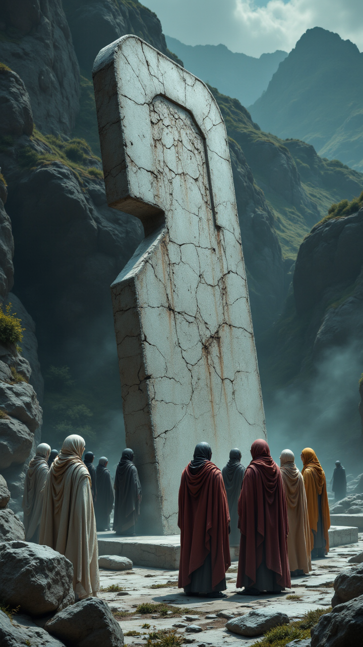 a group of philosophers, including the famous scientist and professor, gather around a large stone sculpture. aidmafluxpro1.1