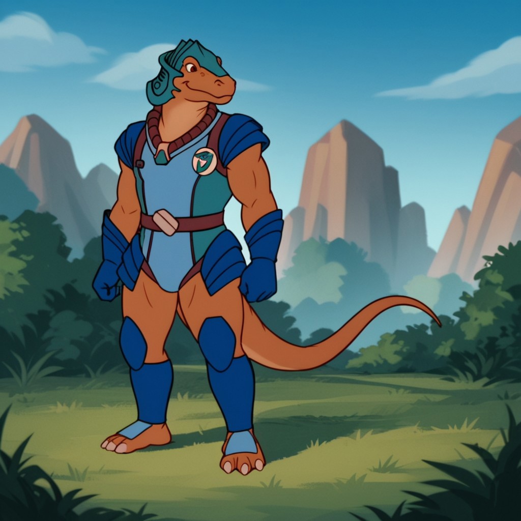 score_9, score_8_up, score_7_up, score_6_up, score_5_up, score_4_up, source_furry, AlloDinos, anthro, male, Allosaurus, brown skin, blue armor, blue gloves, teal helmet, barefoot, outside,