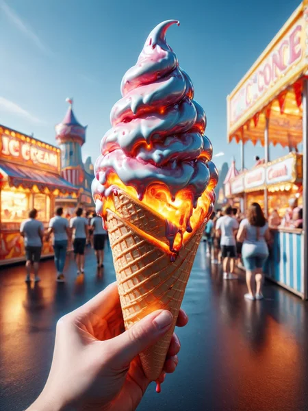 ais-moltenz ice cream cone, held in a small hand at a bustling carnival <lora:Molten_Metal_SDXL:1>