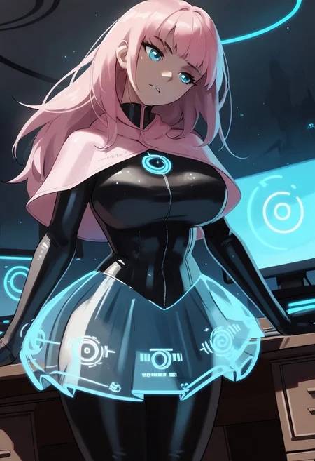 score_9, score_8_up, score_7_up, score_6_up, score_5_up, score_4_up, 1girl, solo, black latex bodysuit, large breasts, head tilt, sci-fi, standing behind desk, typing, holograms,
BREAK,
pink capelet, pink hair, long hair,
BREAK,
Hologram skirt, blue skirt, transparent skirt