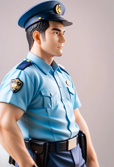 score_9, score_8_up, score_7_up, score_6_up, solo male, adult, mature, masculine, manly, handsome, charming, alluring, standing, upper body, dutch angle, cowboy shot, asian man, black hair, short hair, (facial hair, stubble), clothing focus, HannekenJpPcSm, male Japanese Summer Police Uniform, (light-blue collared shirt, rank slides), dark blue pants, Japanese police emblem, (Japanese police peaked cap), hip holster, Walkie-Talkie, black shoes, perfect anatomy, perfect proportions, best quality, masterpiece, high_resolution, high quality, best quality, best aesthetic, absurdres, male focus