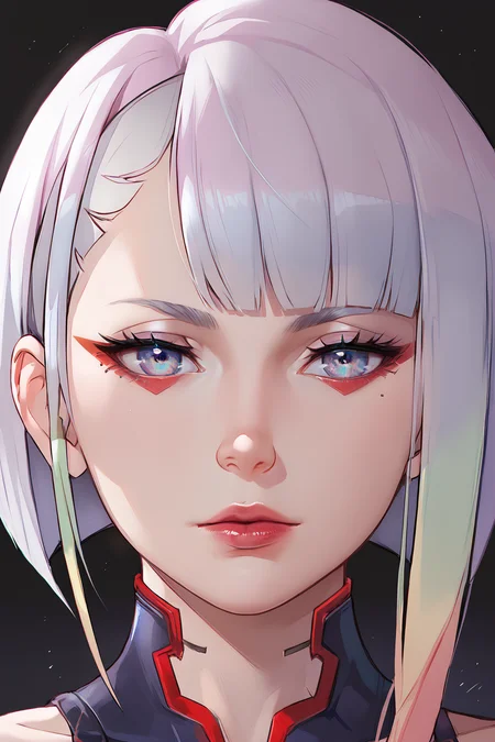 score_9,score_8_up,score_7_up,
<lora:Lucy_Pony:1>,
lucyna,fanart,art style: eye close-up,eye details,(beautiful detailed eyes:1.3),solo,1girl,close-up,bangs,looking at viewer,makeup,portrait,lucy,(cyberpunk),white hair,closed mouth,lips,fingernails,eyelashes,red lips,
blunt bangs,multicolored eyes,eyeliner,red eyeliner,blue eyes,lipstick,black background,stars,